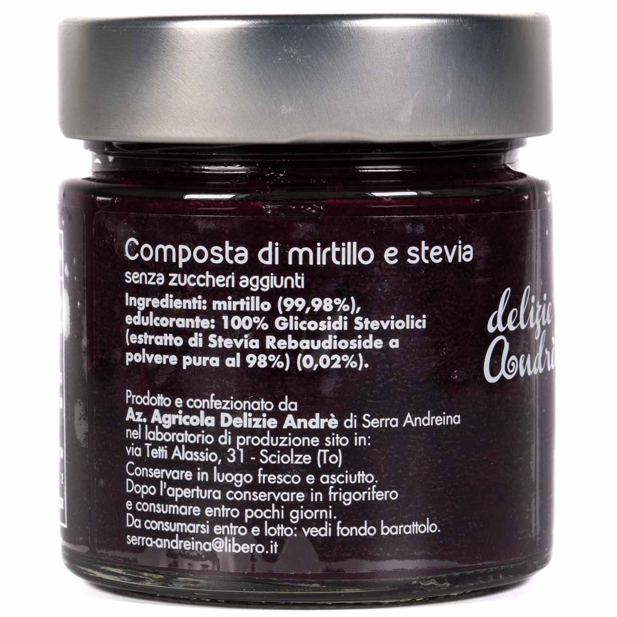 Confettura extra di Mirtilli e Stevia Delizie Andrè Prodotto artigianale da azienda agricola piemontese