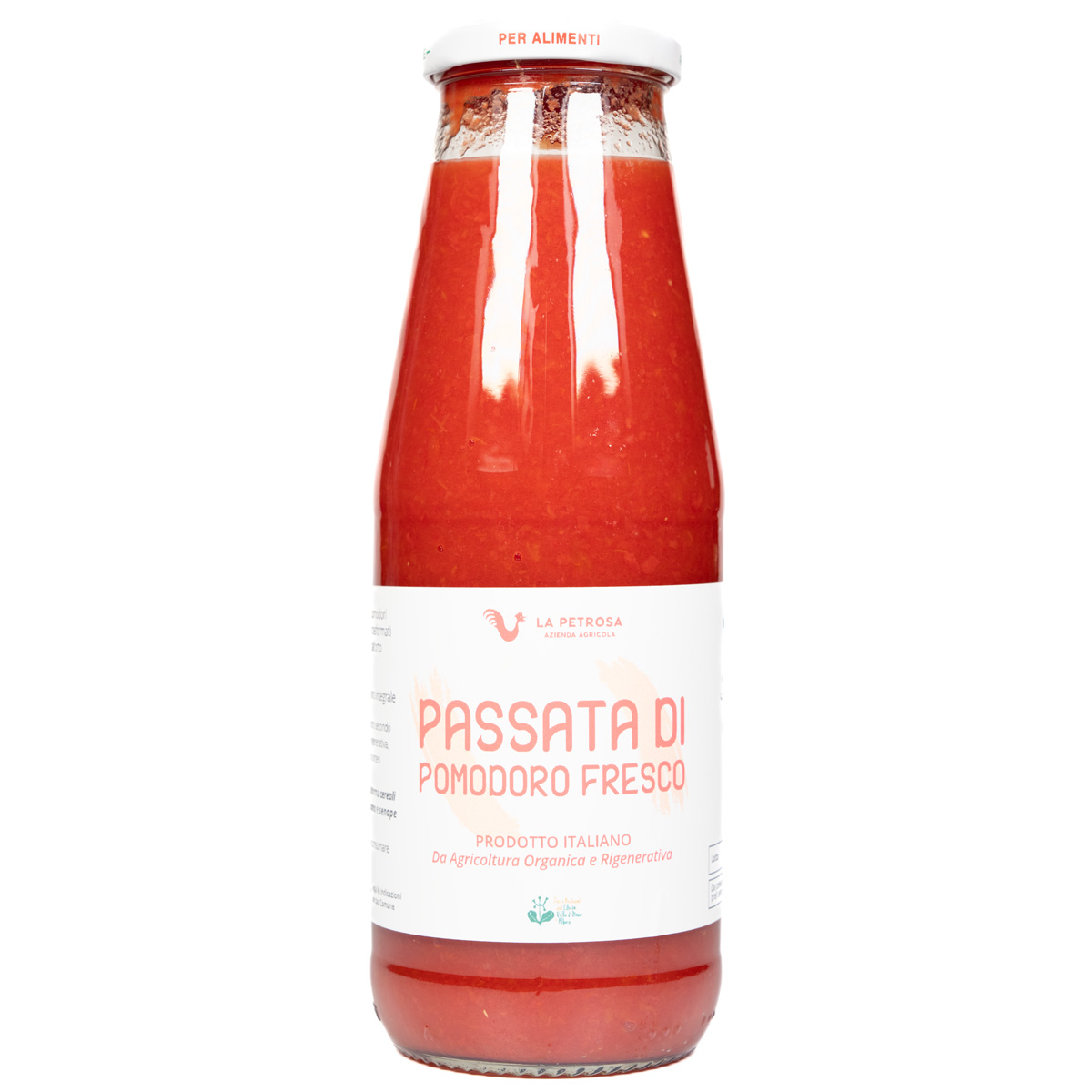 Passata di pomodoro prodotto dell'azienda agricola La Petrosa da pomodori coltivati nel Cilento da agricoltura auto rigenerativa