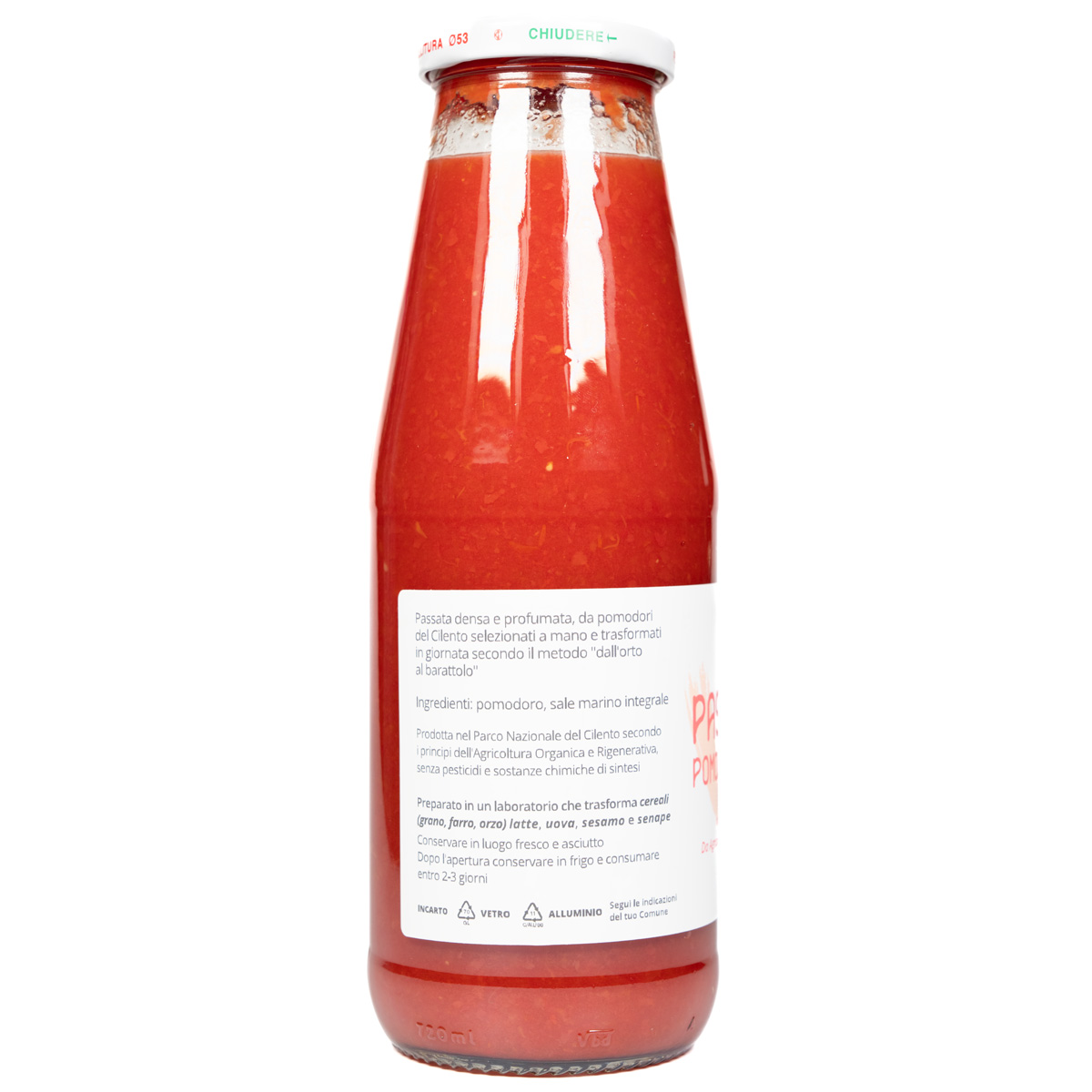 Passata di pomodoro prodotto dell'azienda agricola La Petrosa da pomodori coltivati nel Cilento da agricoltura auto rigenerativa