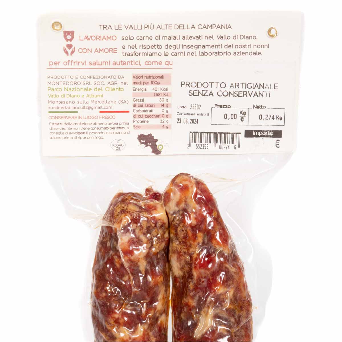 Salsiccia Piccante Rossa prodotta da Norcineria Bianculli Prodotto artigianale Presidio Slow Food