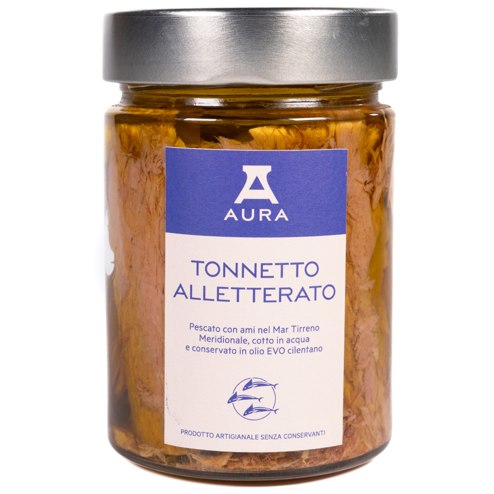 Tonnetto alletterato in Olio Extra Vergine di Oliva Cilentano pescato con ami nel mar Tirreno con metodi tradizionali